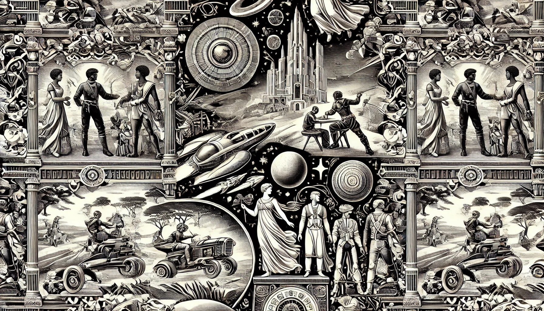 A decorative image with spaceships, planets, and african figures