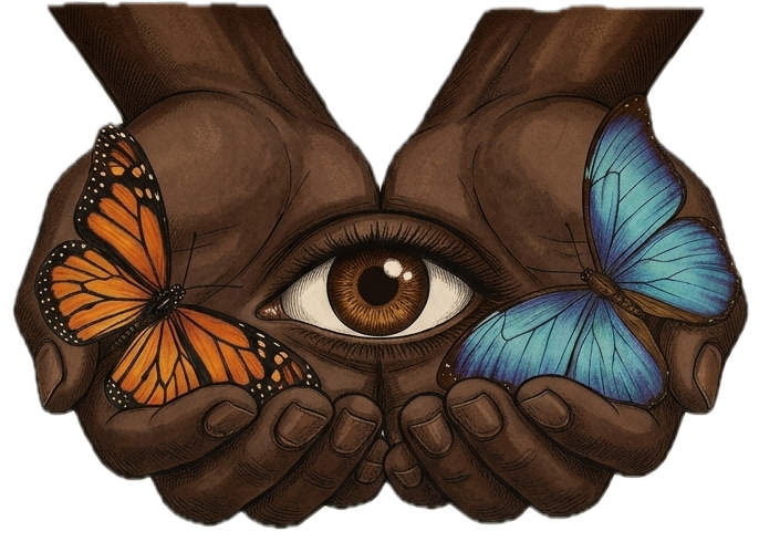 Black skin tone hands with an eye in the middle and holding two butterflies w